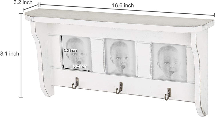 16-Inch Wall-Mounted White Wood Display Shelf with 3 x 3 Picture Frames & Key Hooks-MyGift