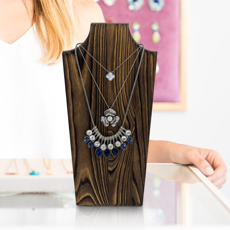 Burnt Wood Necklace Holder with Black Metal Wire Stand, Tabletop Neckline Cutout Jewelry Rack-MyGift