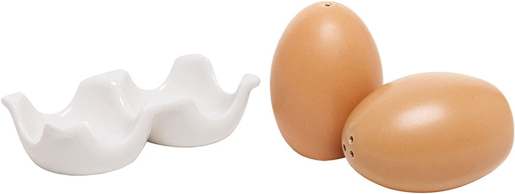 Brown Egg-Shaped Salt and Pepper Shaker Set with Egg Carton Style Holder-MyGift
