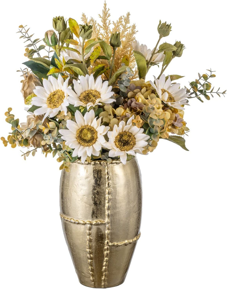 10 Inch Tall Brass Tone Cast Aluminum Metal Flower Vase with Handcrafted Industrial Welding Design Tabletop Centerpiece-MyGift