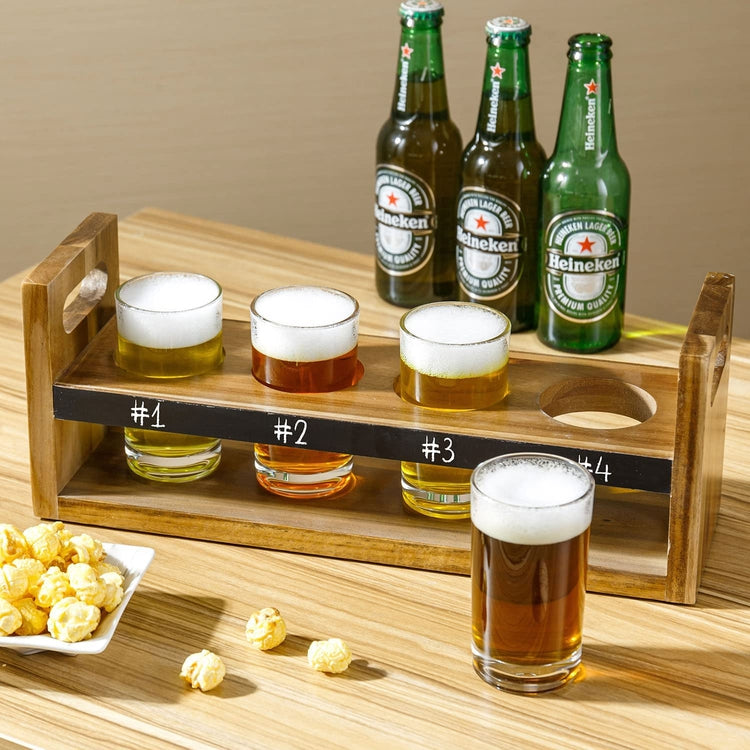 Beer Flight Serving Set, Acacia Wood Serving Caddy Tray with Chalkboard Panel and 4 Tasting Glasses-MyGift