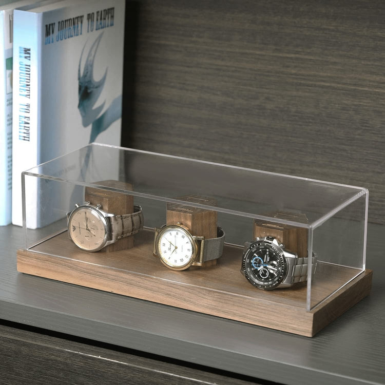 Wristwatch Display Case, Walnut Wood Tabletop Watch Storage with Wooden Pedestal Risers and Clear Acrylic Lid-MyGift