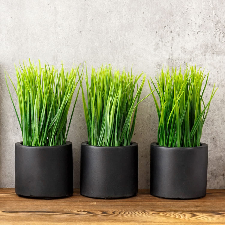 Set of 3, Mini Faux Grass Potted Plants, Decorative Artificial Wheatgrass in Cylindrical Round Black Concrete Planters-MyGift