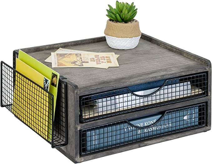 Weathered Gray Wood Desktop File Organizer Paper Tray with Black Metal Mesh Drawers & Side Mail Holder Basket-MyGift