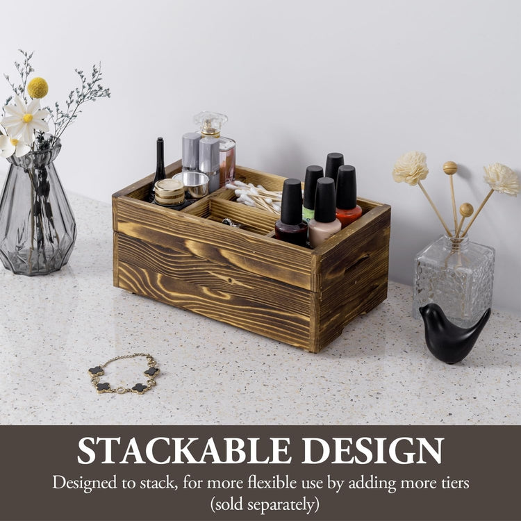 Tiered Burnt Wood Stackable Modular Vanity Storage Organizer Box, Decorative Countertop Caddy with Interchangeable Trays-MyGift