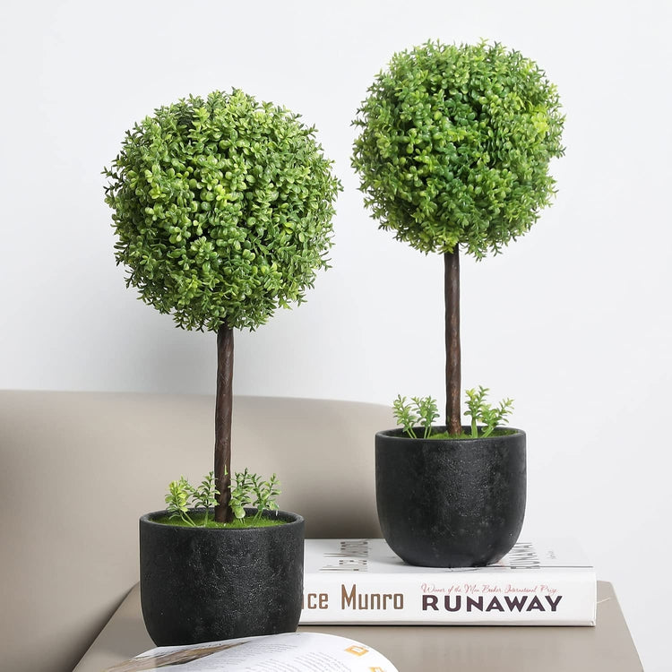 Set of 2, 13 Inch Artificial Boxwood Topiary Trees, Faux Tabletop Decorative Plants with Black Pots-MyGift