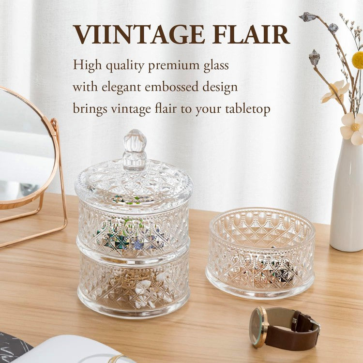 3 Tier Vintage Embossed Diamond Cut Pattern Clear Glass Stacking Storage Container, Candy Dish-MyGift