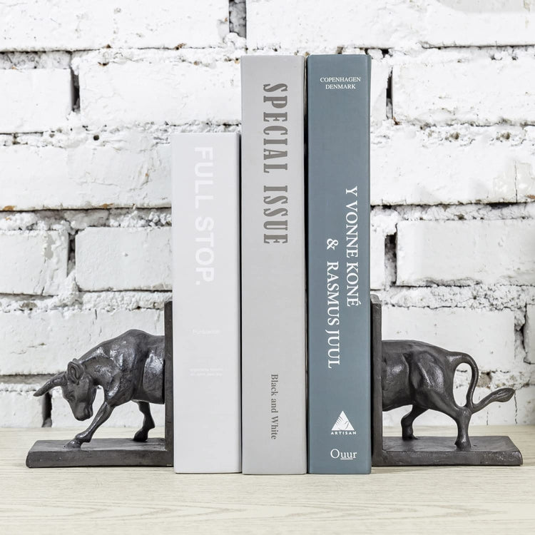 Dark Brown Cast Iron Bookends for Heavy Books, Sculptural Wall Street Raging Bull Design Book Stand, 2 Piece Set-MyGift