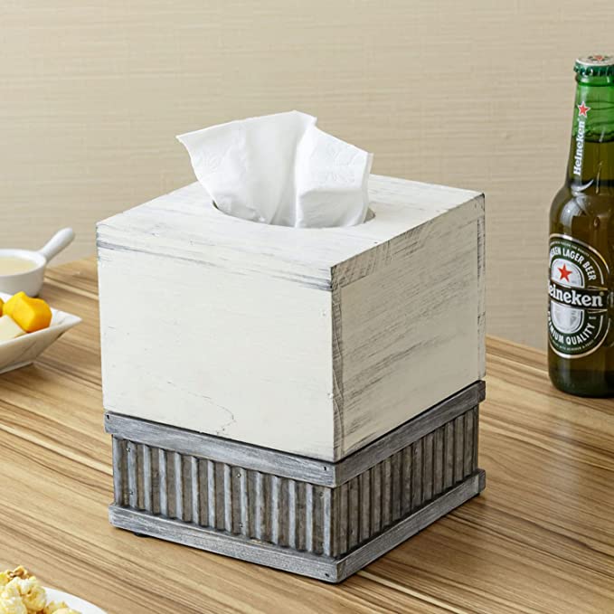 Vintage White and Galvanized Corrugated Metal Facial Tissue Box Cover with Slide-Out Bottom Panel-MyGift