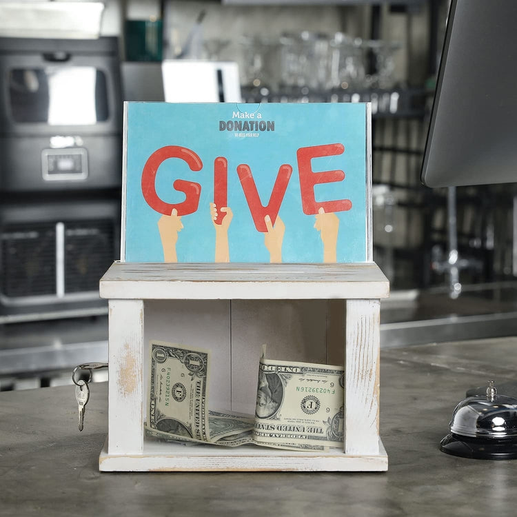 Whitewashed Wood Lockable Donations Box, Suggestion Box with Removable Chalkboard and Acrylic Sign Holder-MyGift