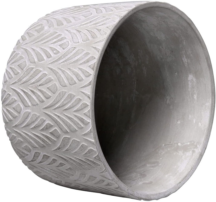 8 inch Gray Round Cement Succulent Planter, Garden Flower Pot with Embossed Tropical Palm Leaf Pattern Design-MyGift
