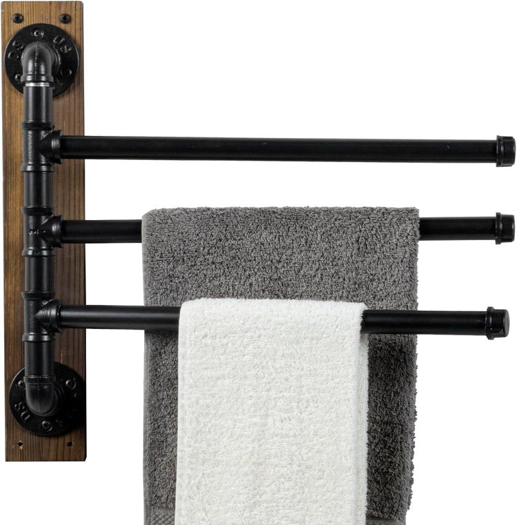 3 Tier Wall Mounted Brown Wood and Black Metal Bathroom Towel Rack, Towel Holder-MyGift