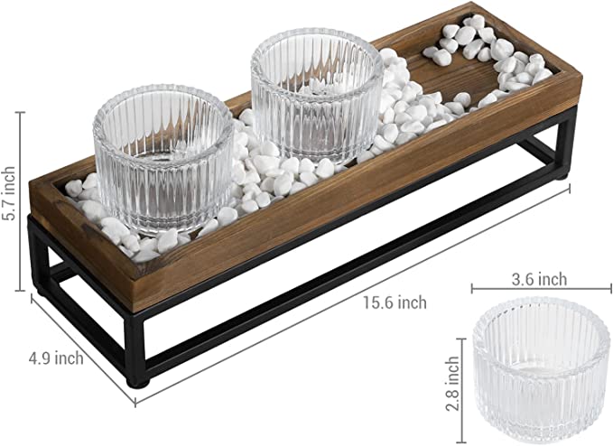 Burnt Wood & Black Metal Tabletop Candle Holder Set Includes Ribbed Clear Tealight Cups & White Stone Filler-MyGift