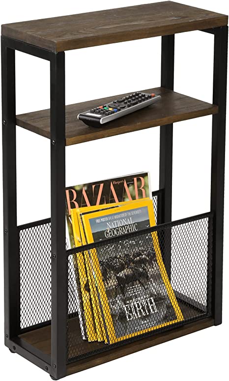 Rustic Burnt Wood End Table with Industrial Black Metal Frame and Mesh Magazine Holder, 25 Inch-MyGift