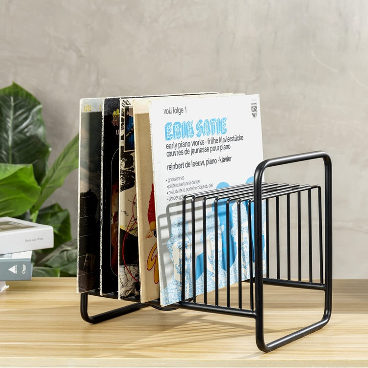 Industrial Style Black Metal Vinyl Record Album 2-Way Storage Organizer Rack, Wire Turntable Media Basket-MyGift