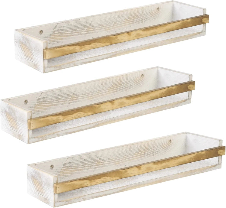 Set of 3, Whitewashed Wood Wall Mounted Spice Rack Shelves, Farmhouse Kitchen Condiment Bottle Hanging Organizer Shelf-MyGift