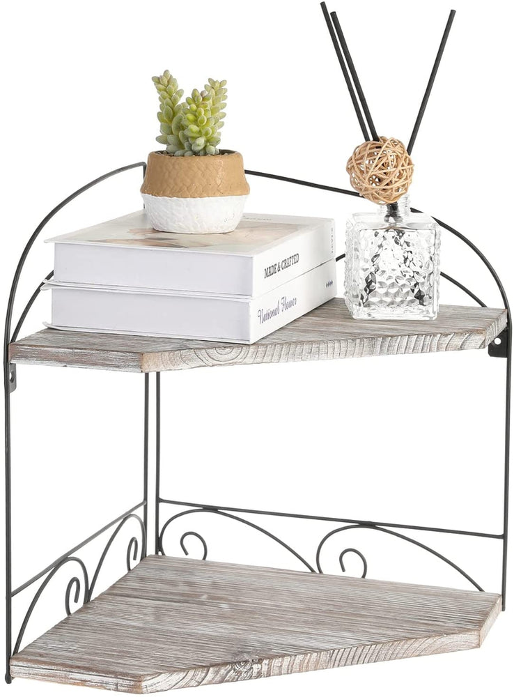 Wall Mounted Floating 2 Tier Corner Shelf with Torched Wood Ledges and Black Scrollwork Metal Wire Frame-MyGift