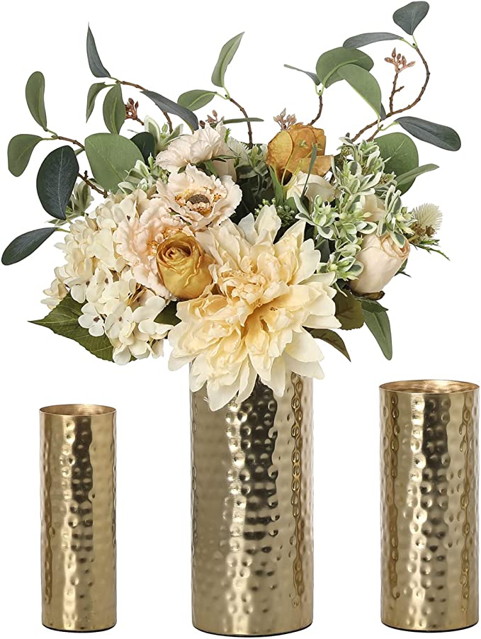 Hammered Metal Cylinder Flower Vases Set of 3, Tall Modern Brass Tone Decorative Centerpiece Vases-MyGift