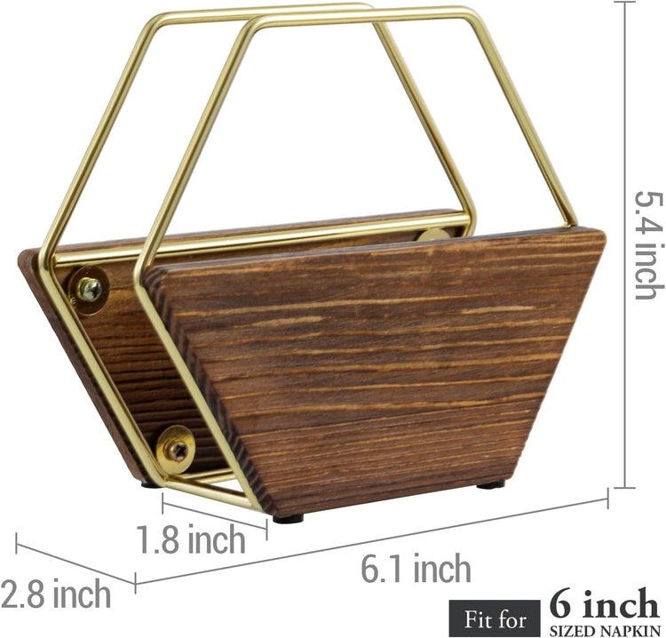 Hexagonal Burnt Wood Napkin Holder with Brass Tone Metal Wire Frame, Napkin and Cocktail Napkin Dispenser Rack-MyGift