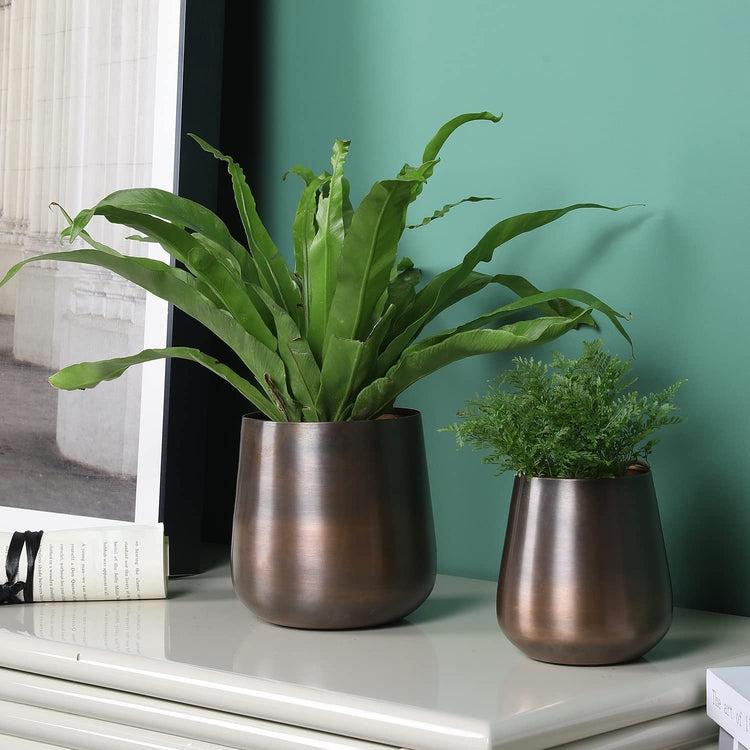 Set of 2, Flower Vase Copper Tone Brushed Metal Tapered Cylindrical Planter, Decorative Indoor Plant Pot-MyGift