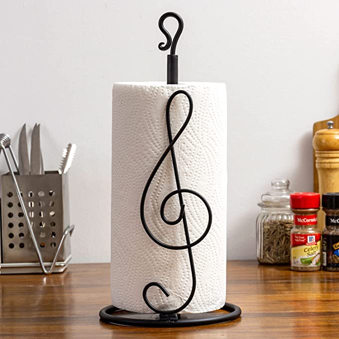 Kitchen Paper Towel Holder with Matte Black Metal Finish and Treble Clef Music Symbol Design-MyGift