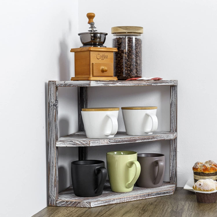 Tiered Torched Wood Kitchen Countertop Corner Organizer Shelf