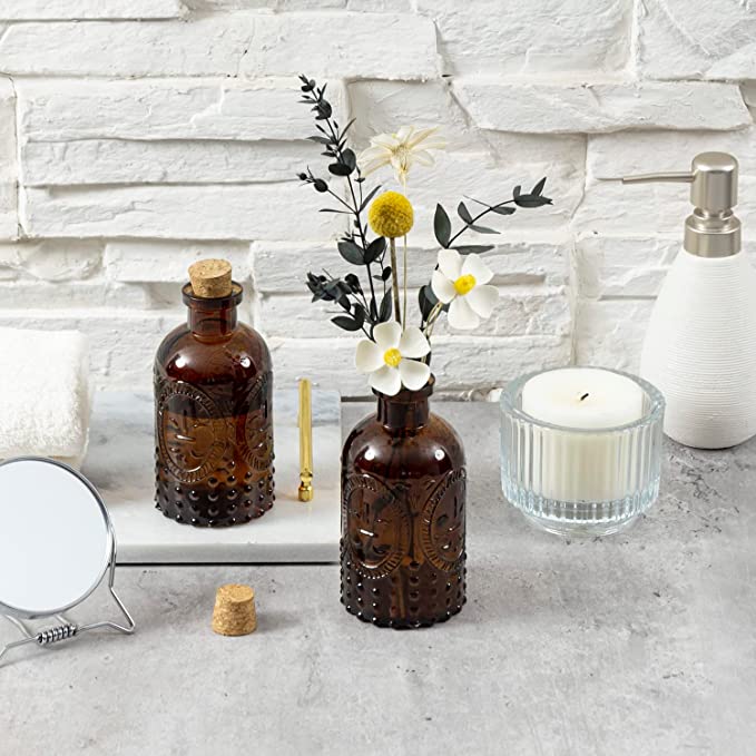 Set of 2 Amber Glass Diffuser Bottles with Cork Lid, Decorative Apothecary Embossed Flower Bud Vase-MyGift