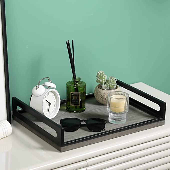 16 x 12 Inch Serving Tray with Handles, Black Metal and Vintage Gray Decorative Ottoman Tray-MyGift