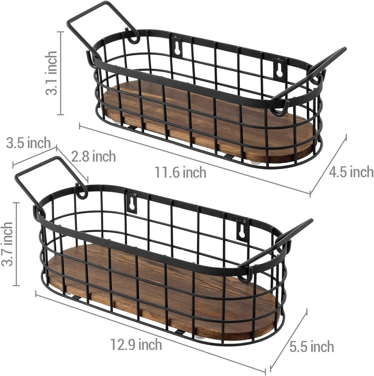 Nesting Storage Baskets, Wall Mounted or Tabletop Black Metal Wire and Oval Burnt Wood Small Baskets with Handles-MyGift