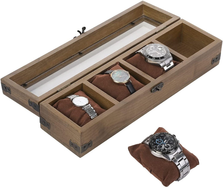 Walnut Wood Wristwatch Storage Case, Jewelry Organizer Box with Clear Acrylic Lid, Lock and Brass Metal Corner Accents-MyGift