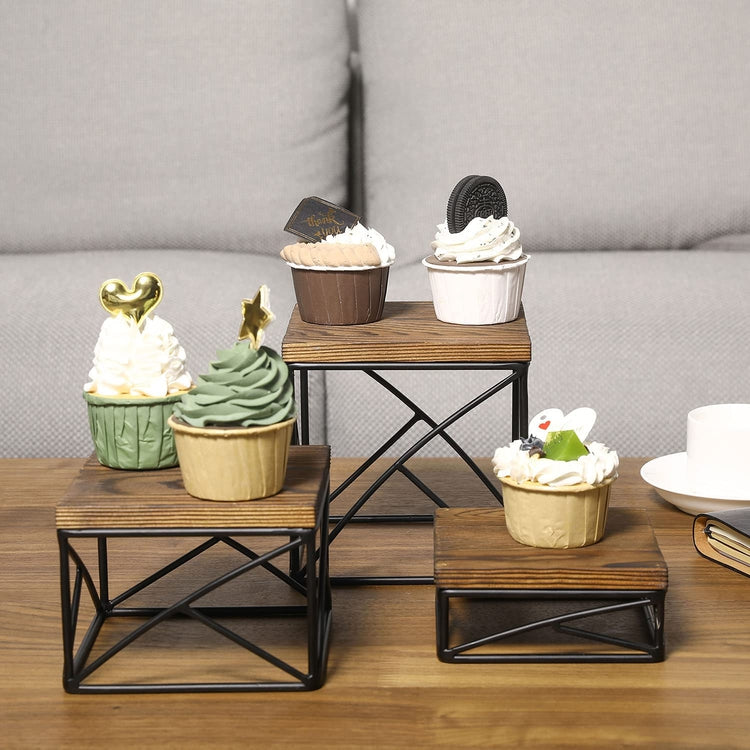 Set of 3, Square Dark Brown Wood and Black Metal Wire Nesting Dessert, Food Display Risers-MyGift