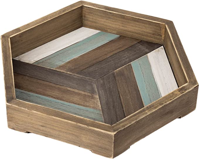 12-inch Hexagonal Burnt Wood Serving Tray with Multicolored Stripes-MyGift