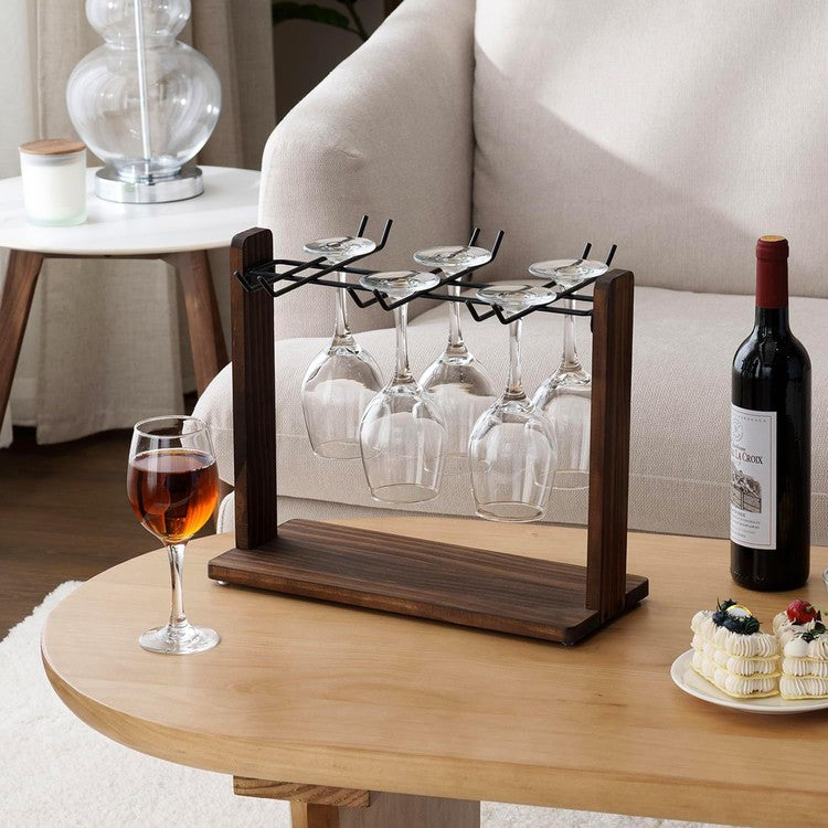Brown Wood and Black Metal Wine Glass Holder, Drying Rack for Drinking –  MyGift