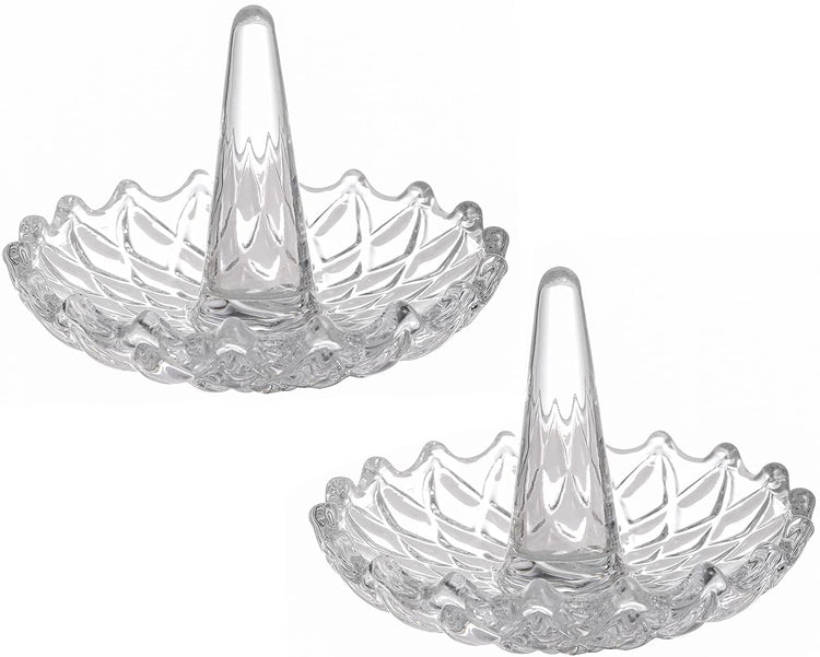 Set of 2, Starburst Style Clear Glass Round Ring Holder Dish, Jewelry Trays-MyGift