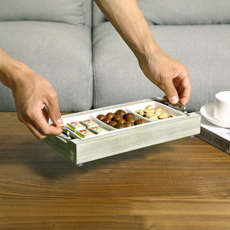 Gray Washed Wooden Serving Tray with Handles and Removable White Ceramic 3-Section Platter-MyGift