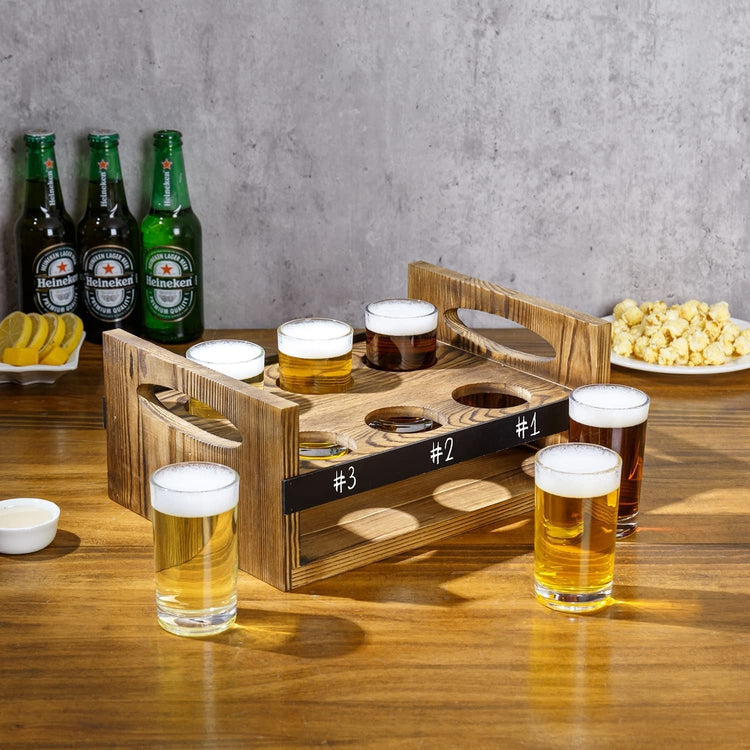 Burnt Wood Craft Beer Flight Board Set with 6 oz Beer Tasting Glasses, Serving Tray with Erasable Chalkboard Panel-MyGift