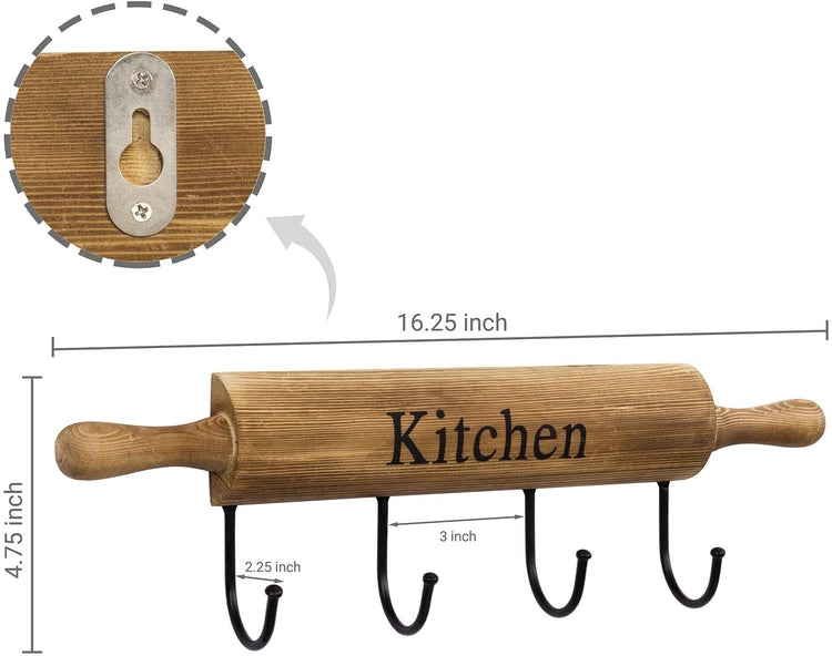 4-Hook Burnt Brown Wood Wall Mounted Rolling Pin Design Kitchen Storage for Cooking Utensils, Mugs and Hand Towels-MyGift
