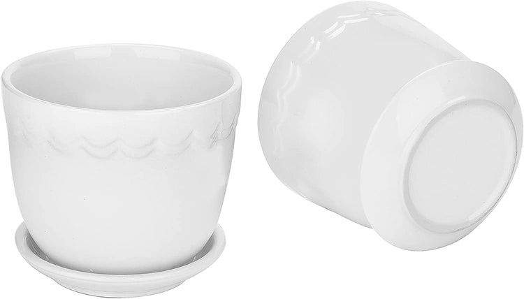 Set of 2, White 4-Inch Scallop Design Succulent Planter with Attached Saucers, Ceramic Pot-MyGift