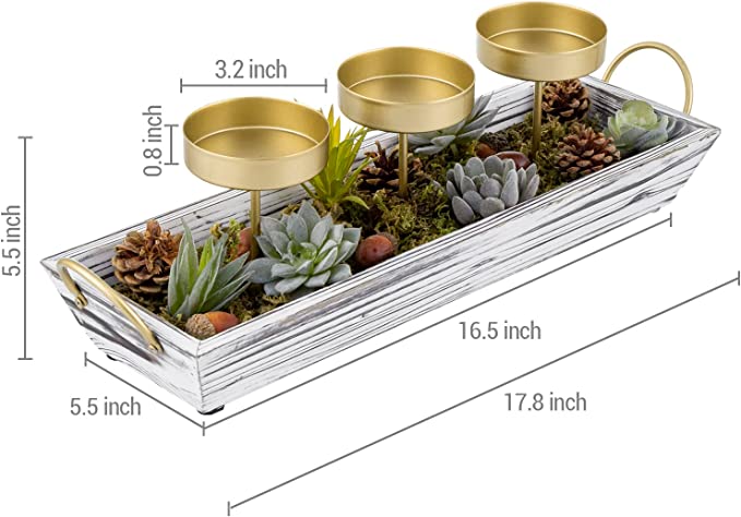 3-Pillar Candle Holder Centerpiece, Tabletop Candleholder with Artificial Succulent Plants-MyGift