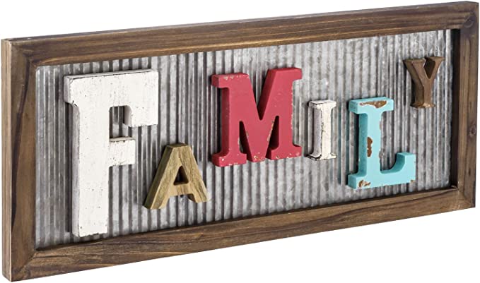 Decorative Word Sign, Rustic Mixed Color Family Wall Décor with Galvanized Metal and Burnt Brown Wood Frame-MyGift