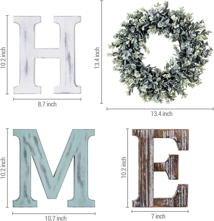 Home Sign Wall Decor Home Letters for Wall with Artificial Boxwood Wreath, Wood Individual Cutout Letters-MyGift