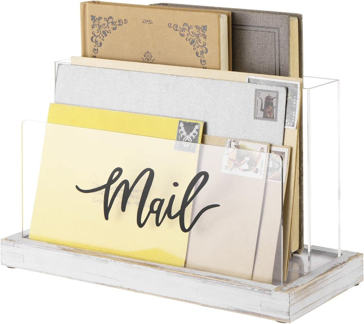 Clear Acrylic Mail Sorter with Removable Whitewashed Wood Tray Base, Desktop Letter Holder with Black Cursive MAIL Label-MyGift