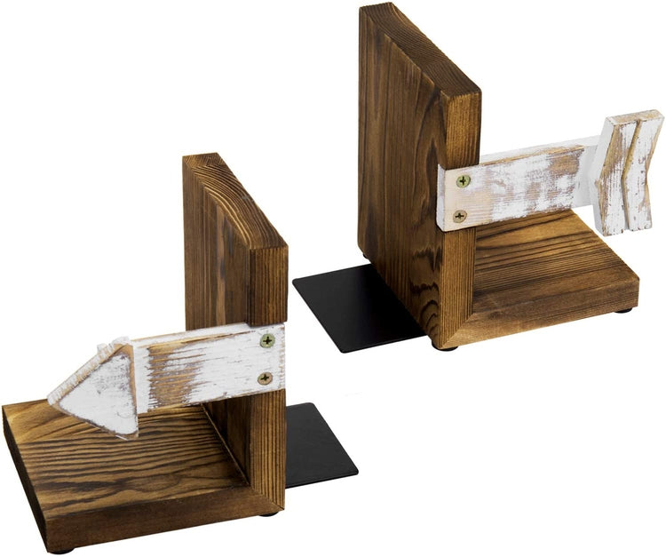 Set of 2, Whitewashed Arrow Design and Dark Brown Burnt Wood Tabletop Bookends-MyGift