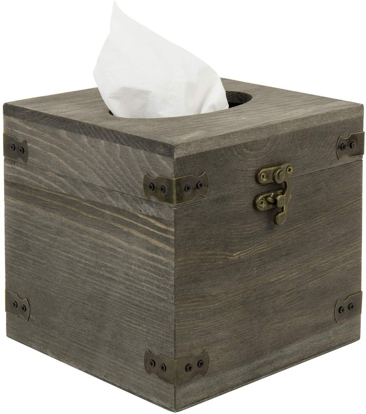 Vintage Gray Wood Square Facial Tissue Box Holder with Hinged Lid and Hook Latch-MyGift