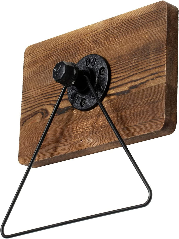 Burnt Brown Wood and Black Industrial Metal Pipe Triangular Bathroom Wall Hanger Rack Hand Towel Holder-MyGift