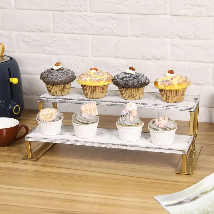 2-Tier Whitewashed Wood and Brass Tone Metal Dessert Holder Cupcake Display Riser Rack Stand-MyGift