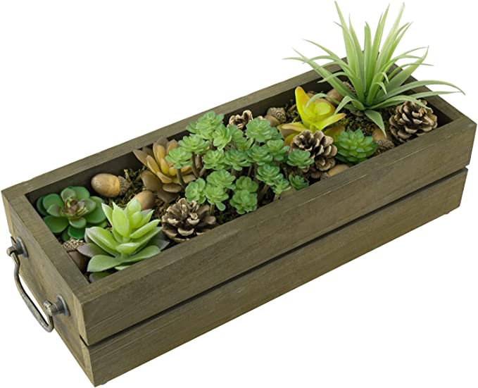 Artificial Succulent Plant in Brown Wood Planter, Tabletop Window Box Planter with Vintage Brass Metal Handles-MyGift