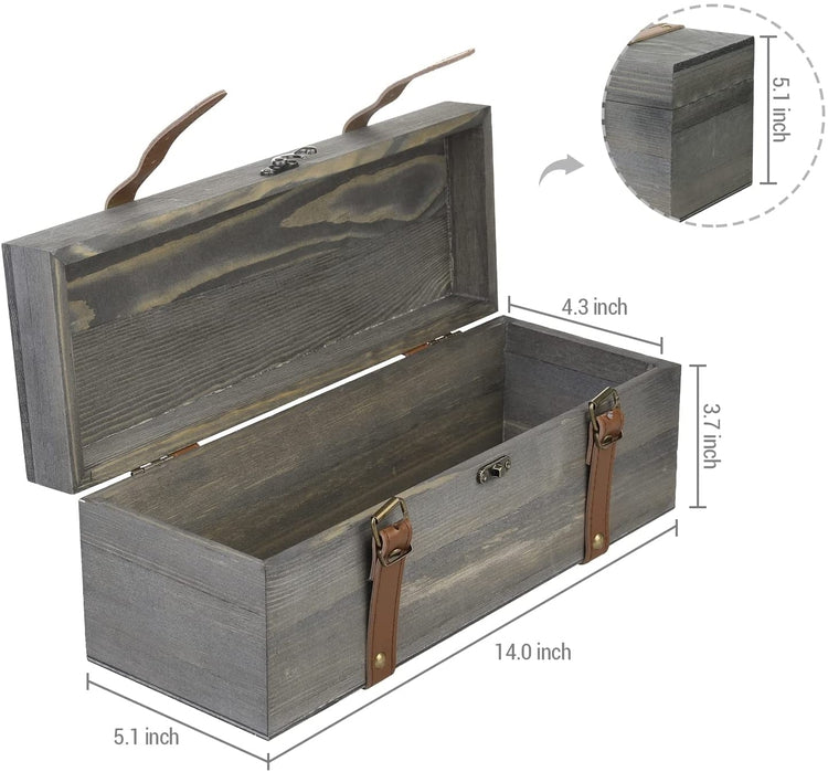 Vintage Gray Wood Single Wine Bottle Gift Box Storage Chest with Black Leatherette Closing Straps and Locking Latch-MyGift