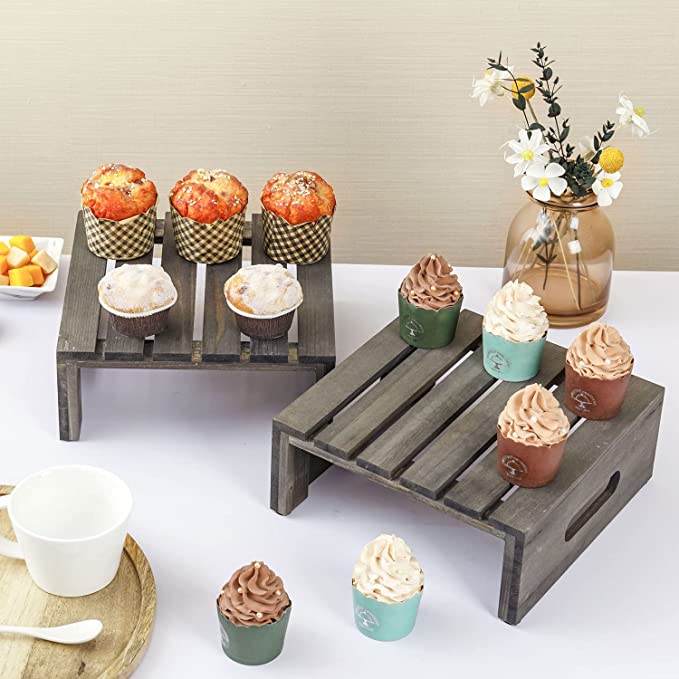 Gray Wood Square Cupcake, Cake, Food Riser Buffet Display Stands with Handles, Set of 2-MyGift