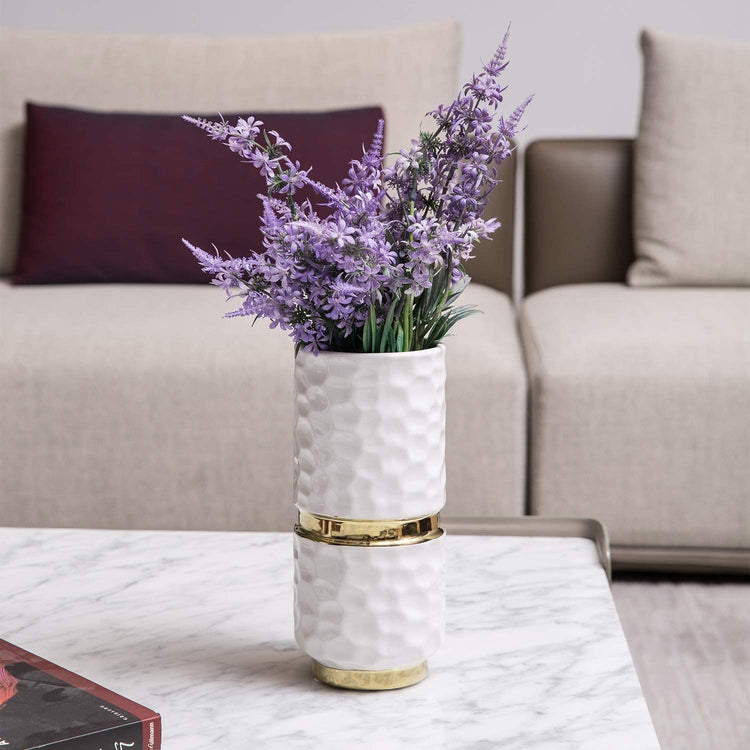 Modern Hammered Style White & Gold Ceramic Cylindrical Flower Vase-MyGift